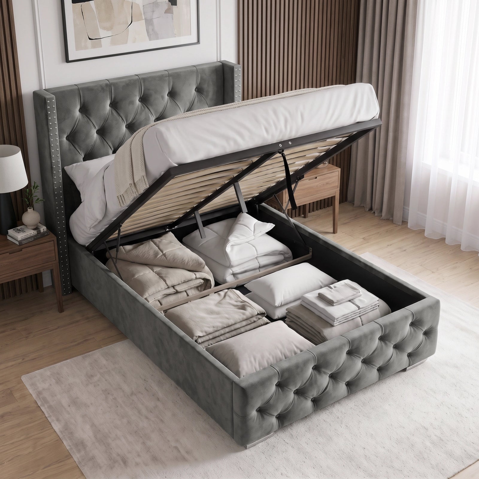 [Single | Grey] Cross ottoman bed single with gas-lift base raised, storage capacity open