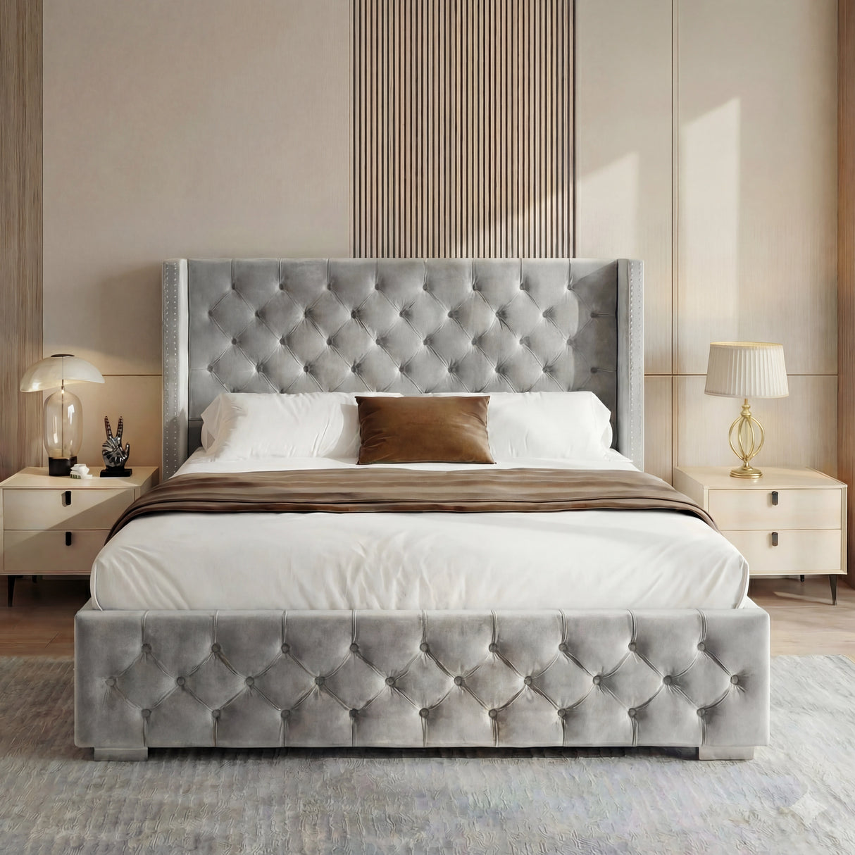 [Double | Light Grey] Cross ottoman bed front view, winged tufted headboard between two bedside tables