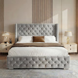[Double | Light Grey] Cross ottoman bed front view, winged tufted headboard between two bedside tables