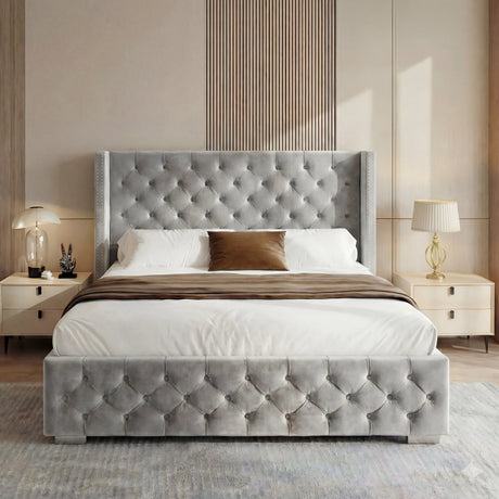 [Double | Light Grey] Cross ottoman bed front view, winged tufted headboard between two bedside tables