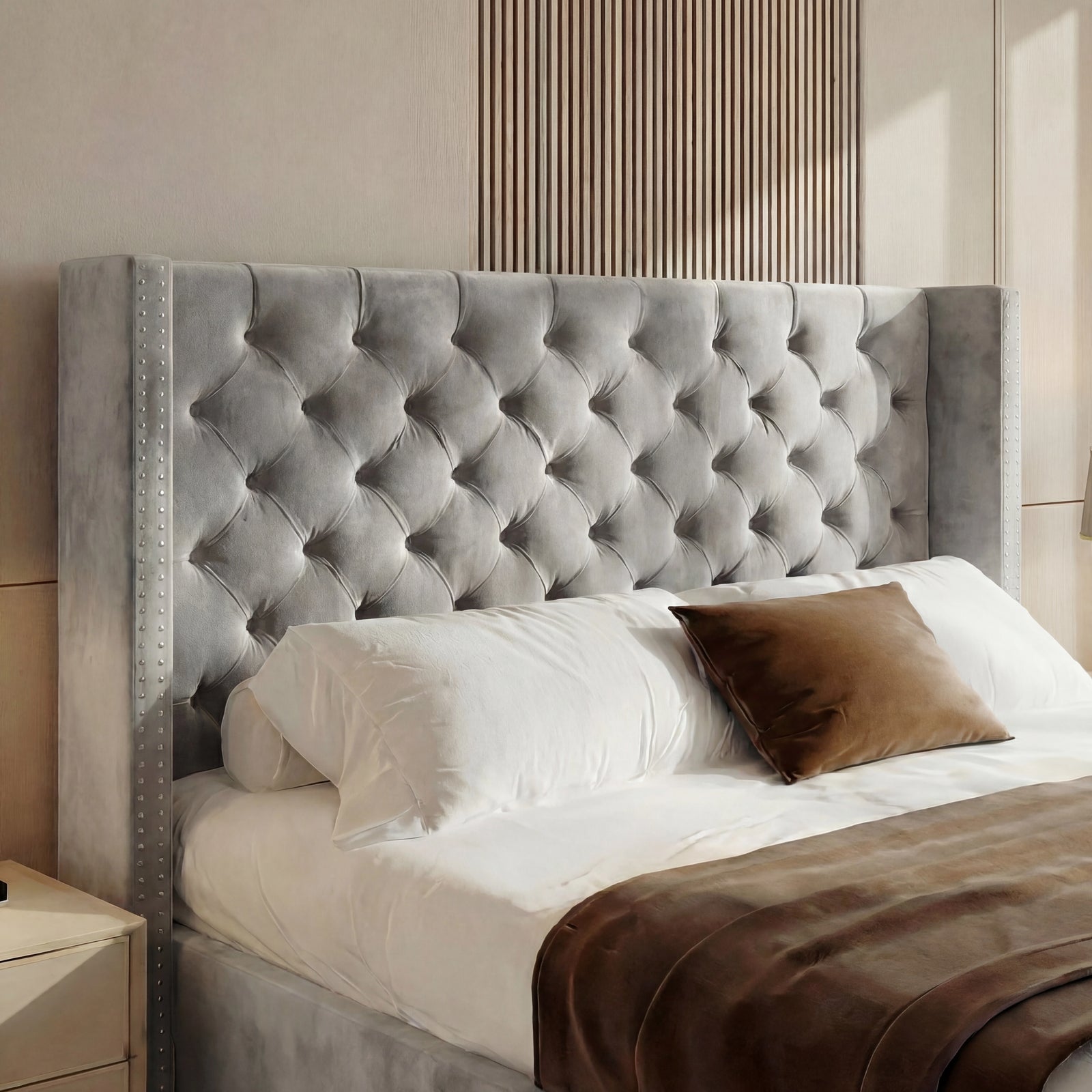 [Double | Light Grey] Cross ottoman bed headboard detail, criss-cross deep buttoned tufting in light grey velvet