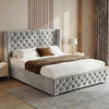[Double | Light Grey] Cross ottoman bed styled with cream bedding and walnut throw in a warm bedroom
