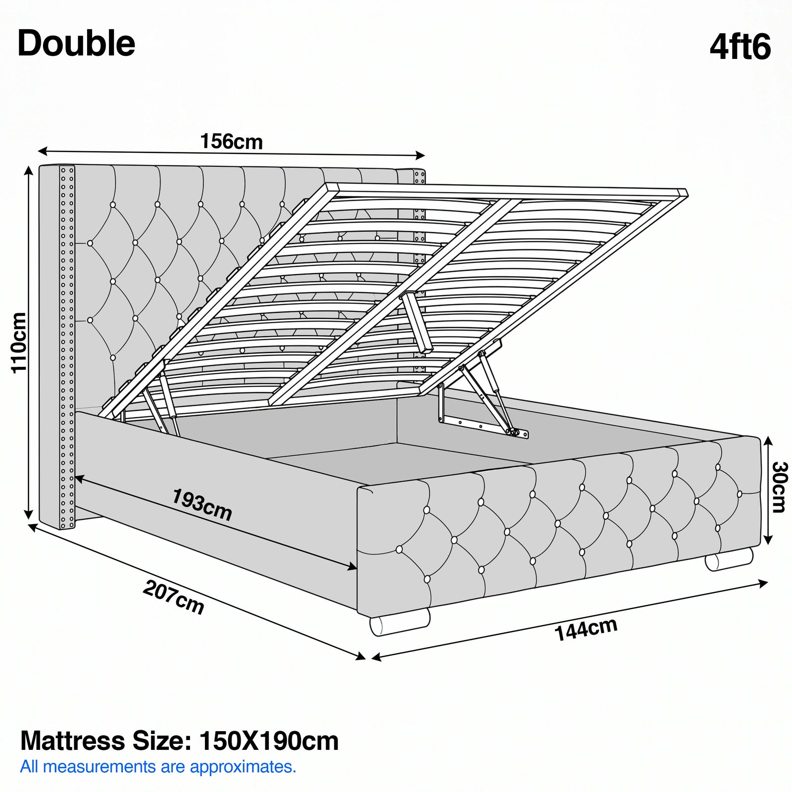 [Double | Light Grey] Cross ottoman bed dimensions 156cm wide, 207cm long, 110cm headboard height