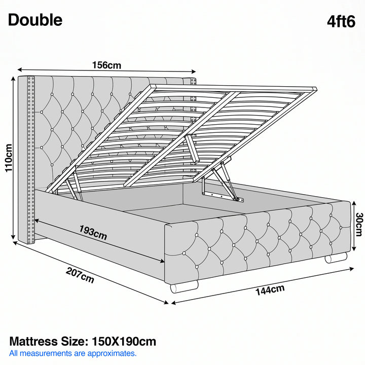 [Double | Light Grey] Cross ottoman bed dimensions 156cm wide, 207cm long, 110cm headboard height
