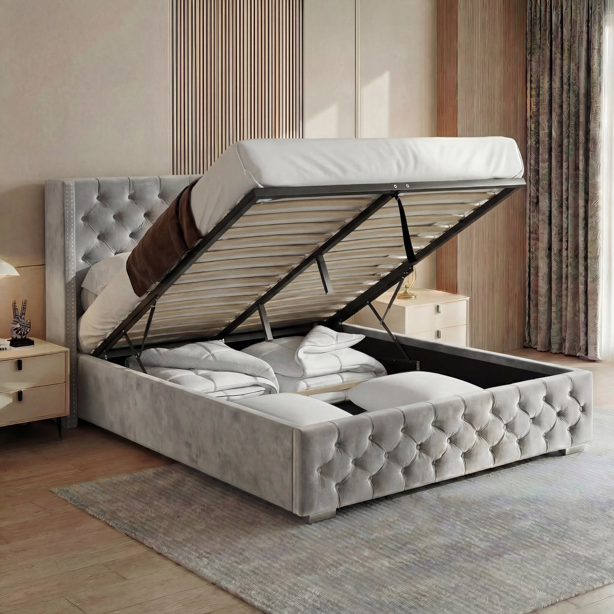[Double | Light Grey] Cross ottoman bed with gas-lift base raised to show full-width under-bed storage