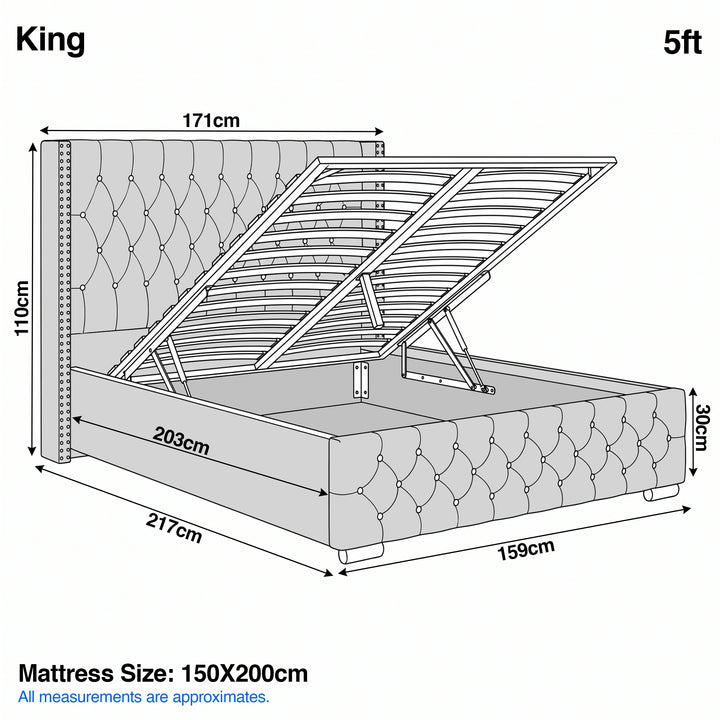 [King | Light Grey] Cross ottoman bed dimensions diagram: 171cm headboard, 217cm length, 110cm headboard height