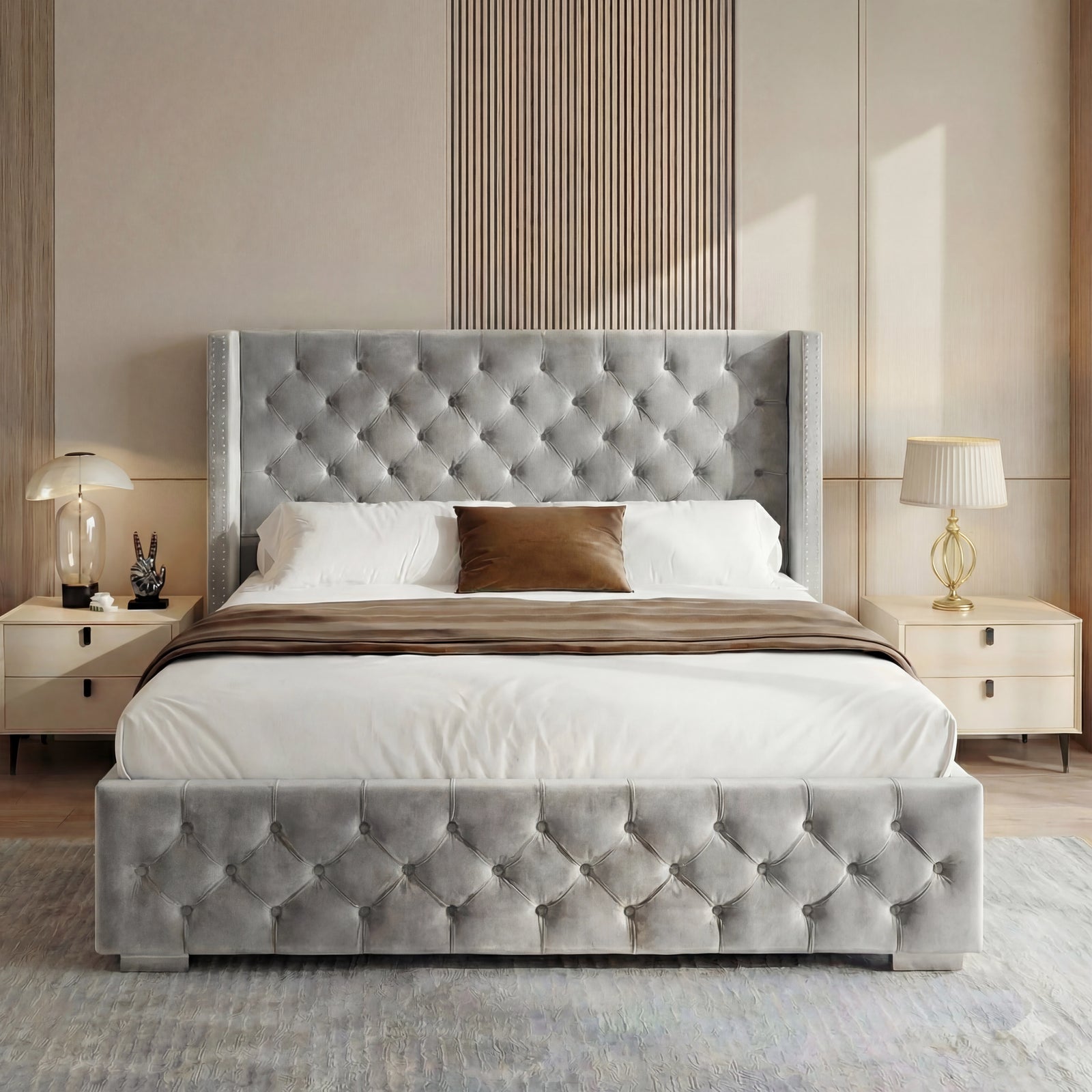 [King | Light Grey] Symmetrical front shot of the Cross ottoman bed with brown throw folded across the bed