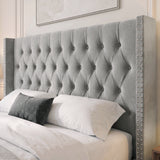 [King | Light Grey] Detail of the 110cm winged headboard on the Cross ottoman bed showing cross-pattern tufting