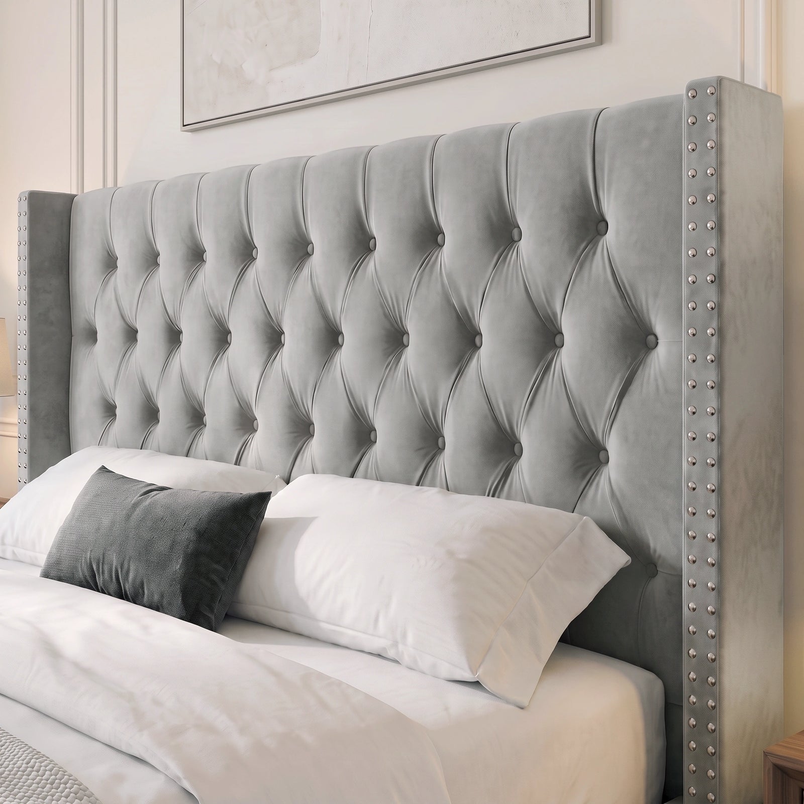 [King | Light Grey] Detail of the 110cm winged headboard on the Cross ottoman bed showing cross-pattern tufting