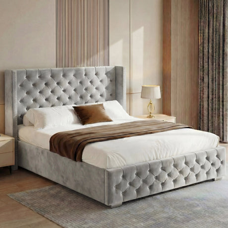 [King | Light Grey] Cross ottoman bed dressed with white bedding and brown throw between pale bedside tables