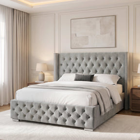 [King | Light Grey] Cross ottoman bed dressed with white bedding and brown throw between pale bedside tables