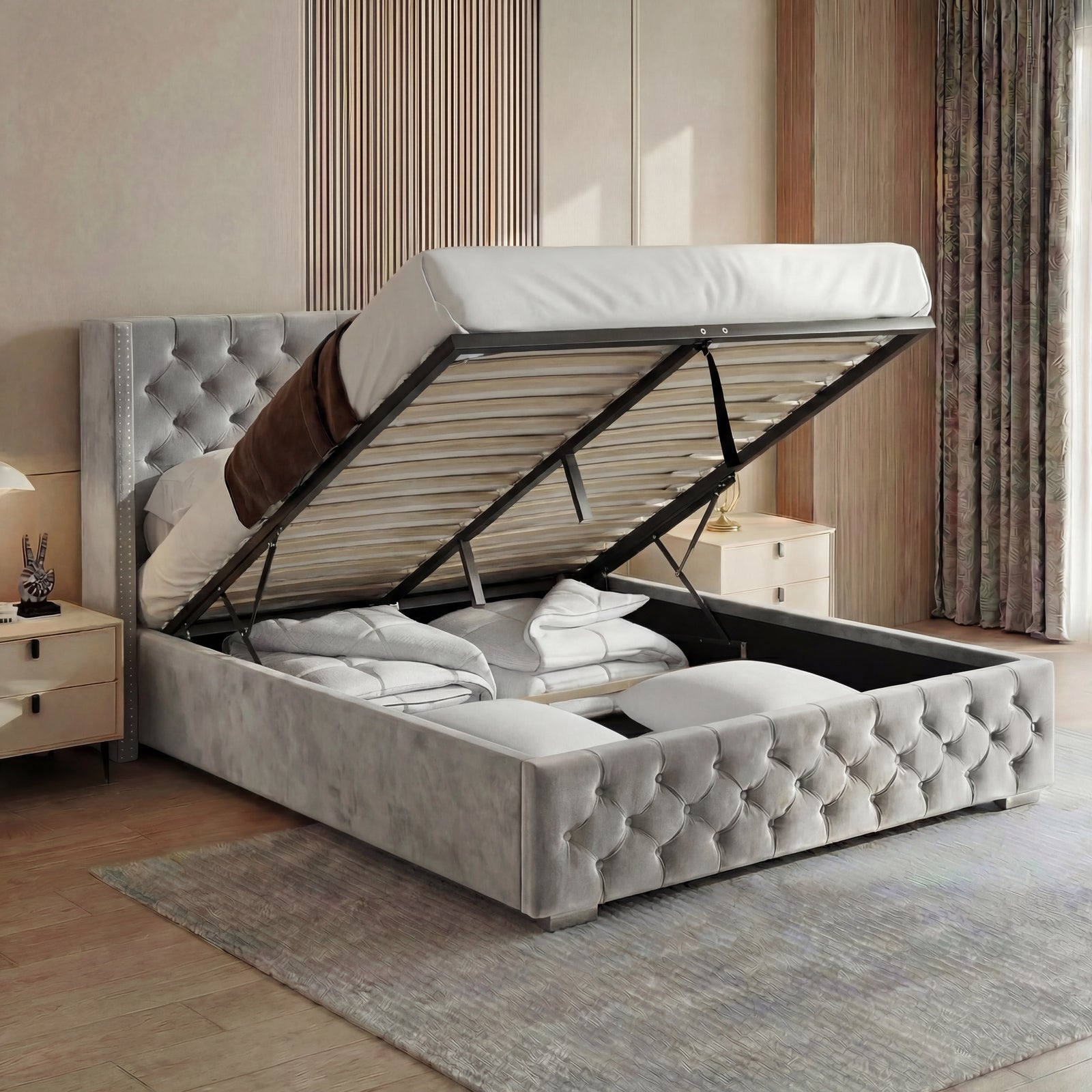 [King | Light Grey] Cross ottoman bed lifted open, exposing full-length under-bed storage on a single strap pull