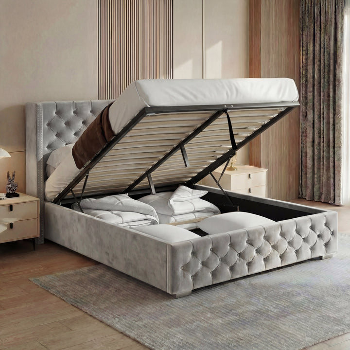 [King | Light Grey] Cross ottoman bed lifted open, exposing full-length under-bed storage on a single strap pull