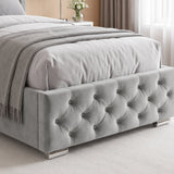 [Single | Light Grey] tufted velvet bed frame with a matching gray comforter and a textured throw blanket, styled in a modern bedroom setting.