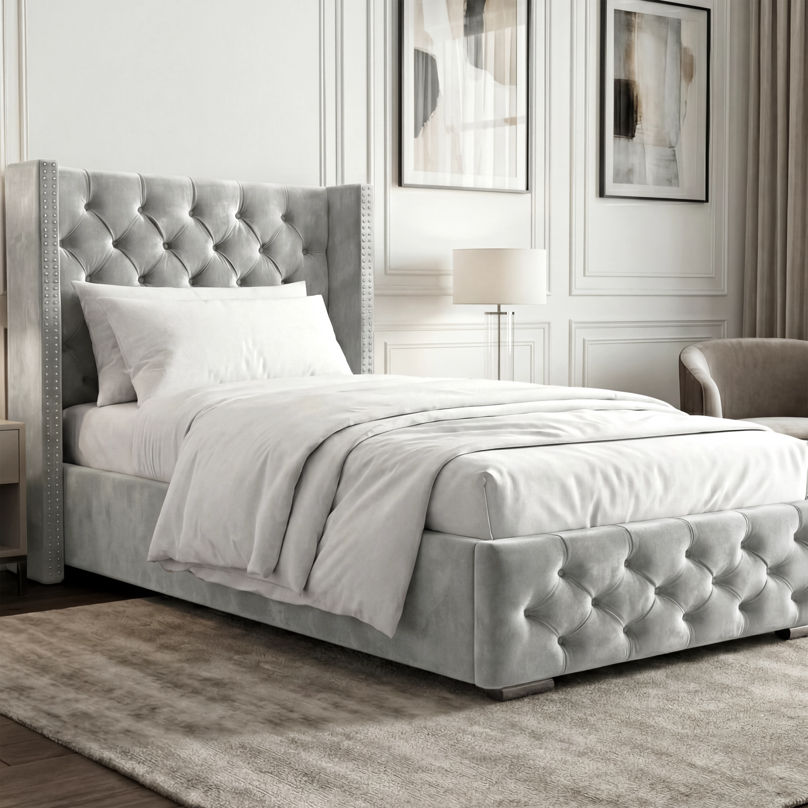[Single | Light Grey] Cross ottoman bed single with diamond-buttoned base and white bedding in panelled room