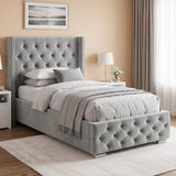 [Single | Light Grey] Cross ottoman bed single with diamond-buttoned base and white bedding in panelled room