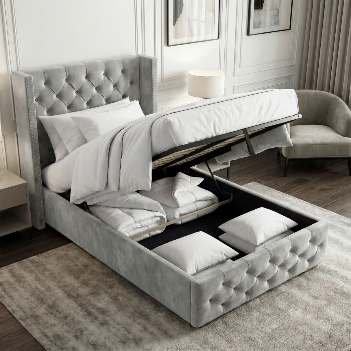 [Single | Light Grey] Storage bed fully open with hydraulic lift exposing full-length compartment under the mattress