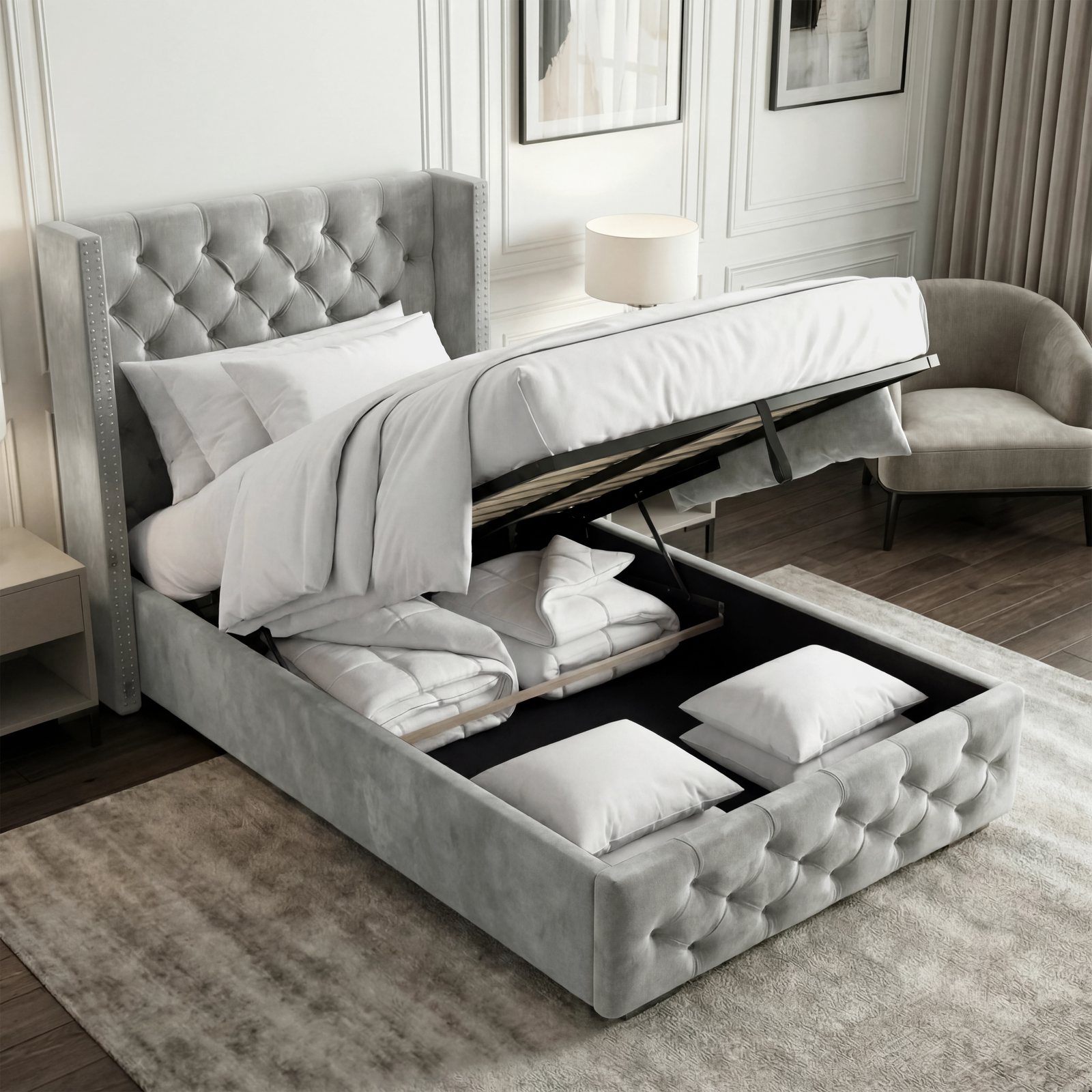 [Single | Light Grey] Cross ottoman bed with hydraulic lift raised showing deep storage compartment and slatted base