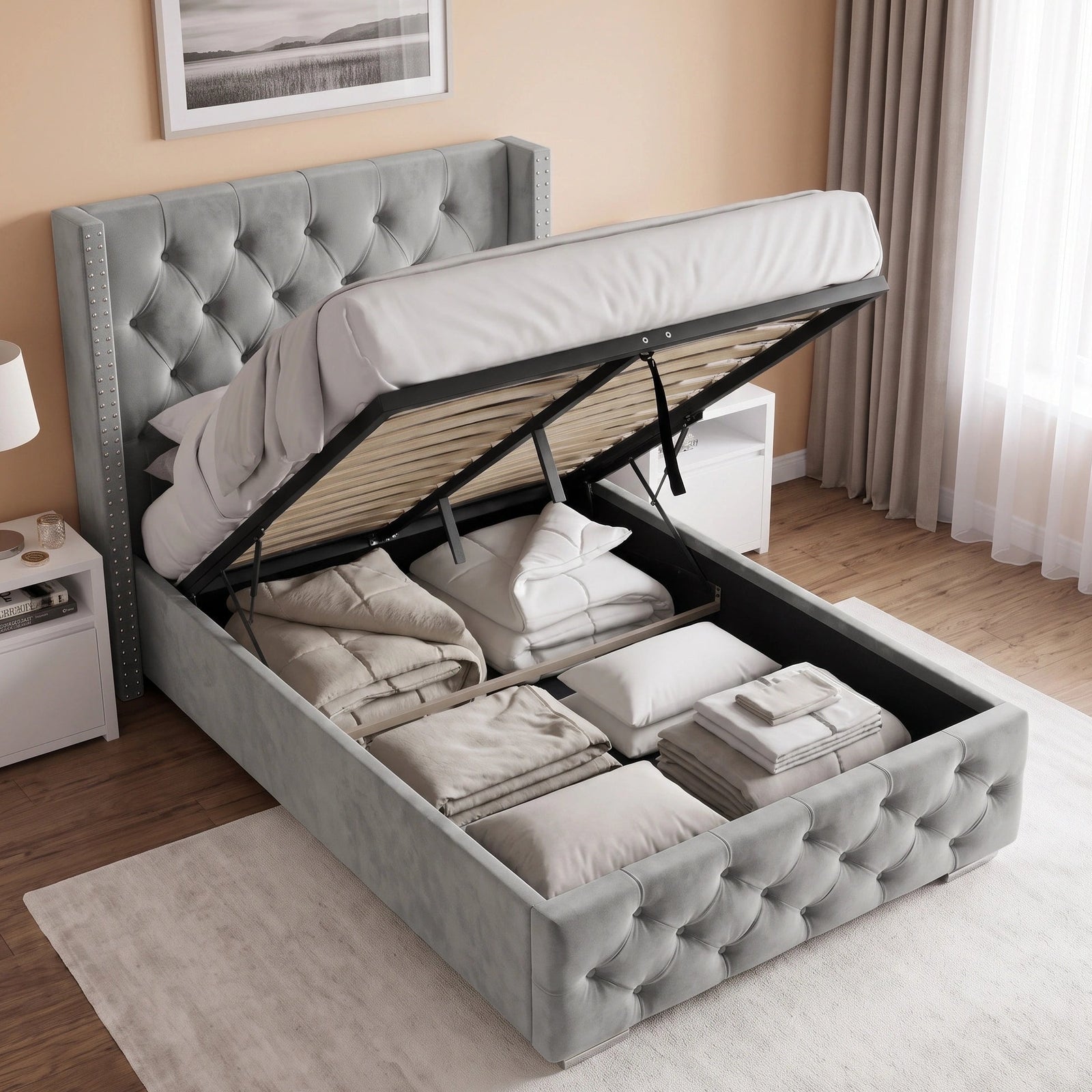 [Single | Light Grey] Cross ottoman bed with hydraulic lift raised showing deep storage compartment and slatted base