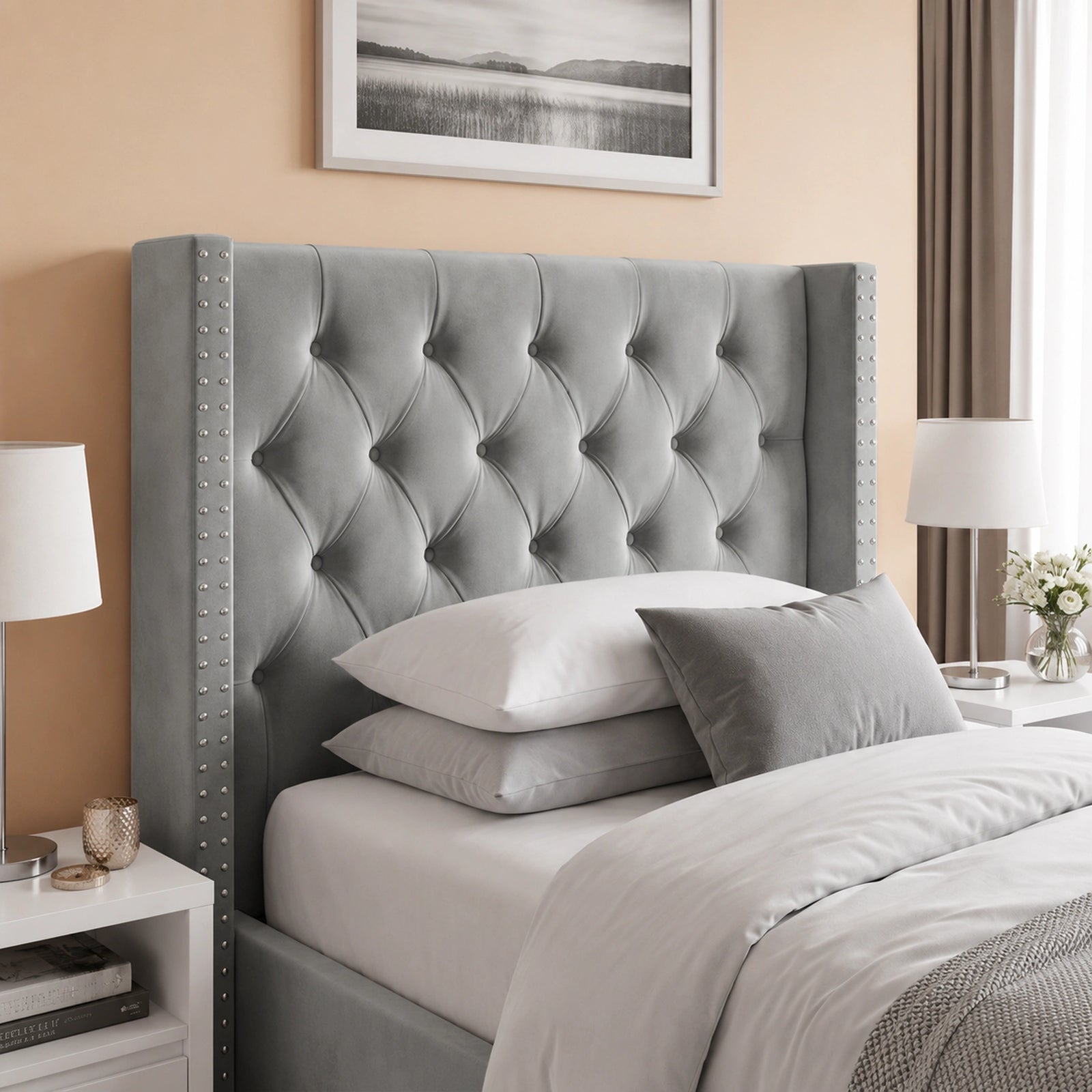 [Single | Light Grey] Cross ottoman bed single headboard detail showing tufted wings and nailhead edge