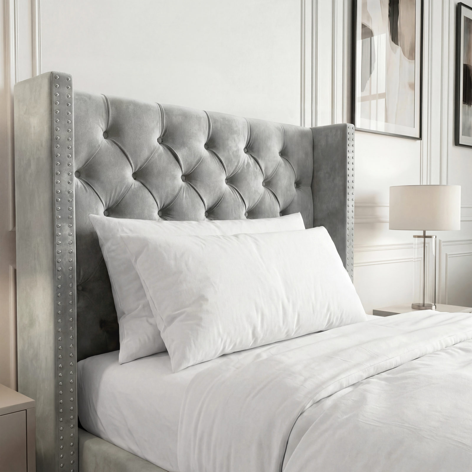 [Single | Light Grey] Cross ottoman bed single headboard detail showing tufted wings and nailhead edge