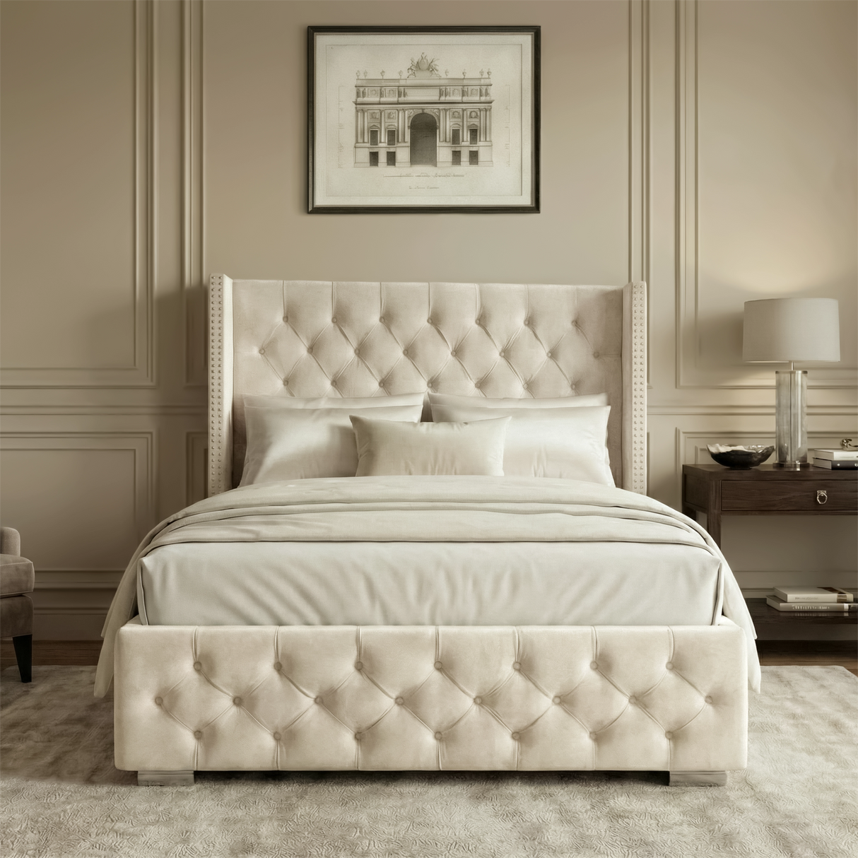 [Small Double | Beige] Front view of cross ottoman bed with winged headboard flanked by matching bedside tables