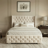 [Small Double | Beige] Front view of cross ottoman bed with winged headboard flanked by matching bedside tables