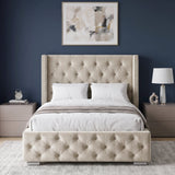 [Small Double | Beige] Front view of Cross ottoman bed with winged buttoned headboard and tufted footboard