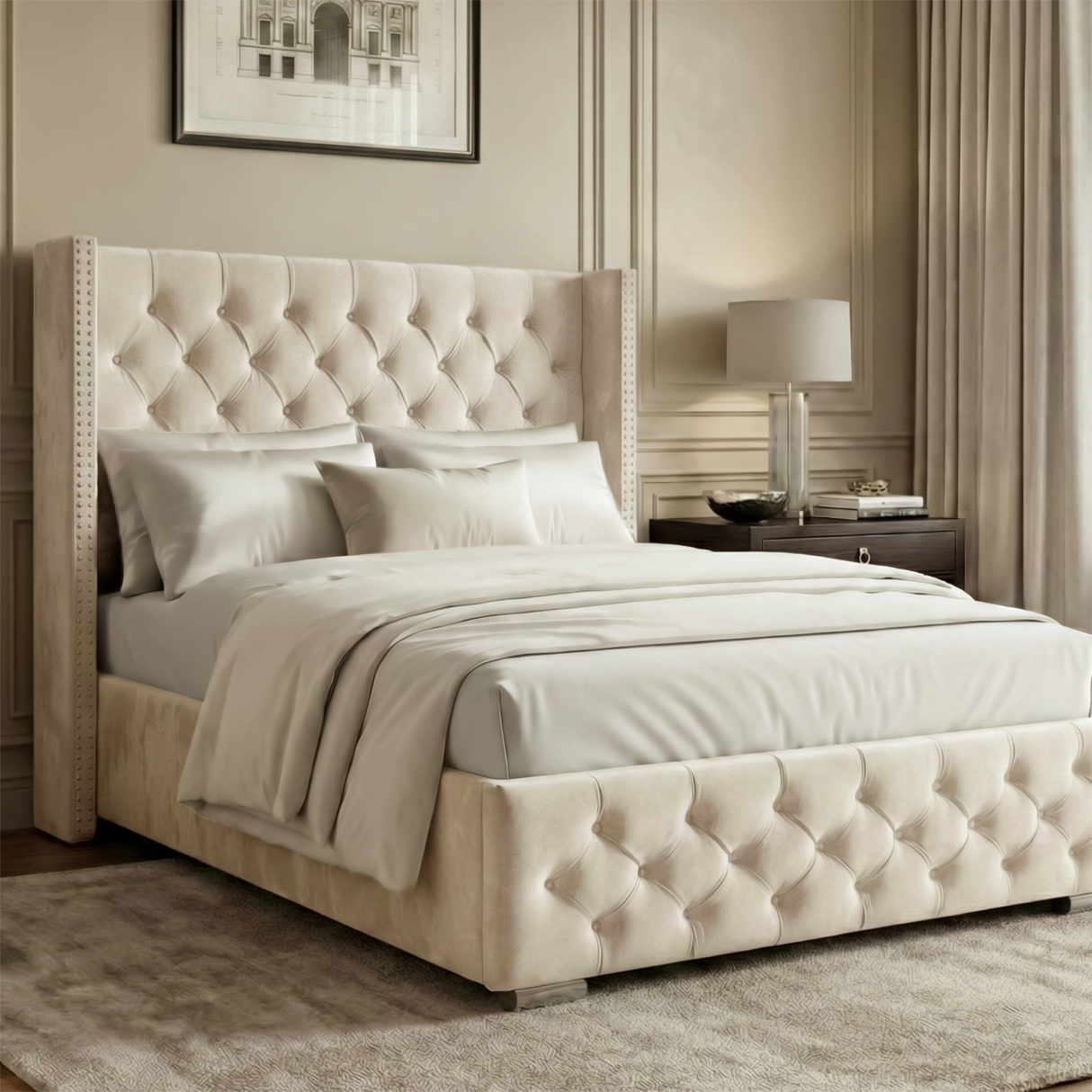 [Small Double | Beige] Side angle of upholstered storage bed showing tall headboard with nailhead trim and tufted footboard