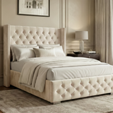 [Small Double | Beige] Side angle of upholstered storage bed showing tall headboard with nailhead trim and tufted footboard
