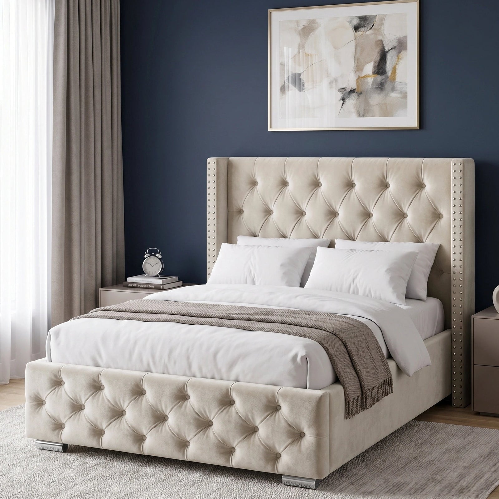 [Small Double | Beige] Side angle of Cross ottoman bed showing nailhead-studded wings and diamond-tufted base