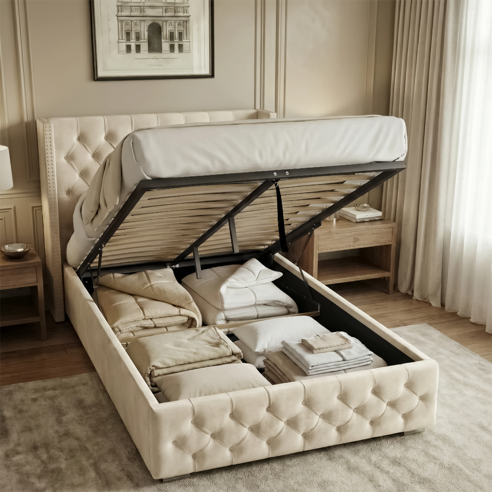 [Small Double | Beige] Cross ottoman bed storage view, hydraulic base tilted up exposing roomy cavity beneath mattress
