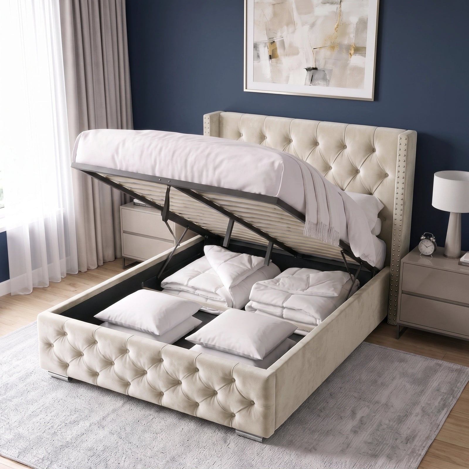 [Small Double | Beige] Cross ottoman bed storage view, hydraulic base tilted up exposing roomy cavity beneath mattress