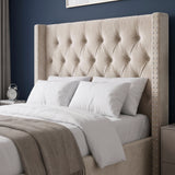 [Small Double | Beige] Close-up of Cross ottoman bed headboard with diamond buttoning and nailhead-studded wings
