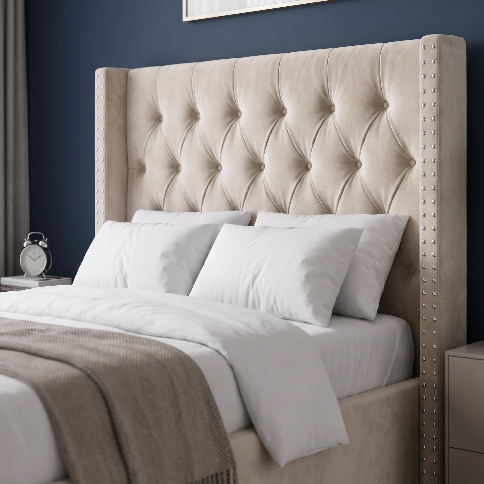 [Small Double | Beige] Close-up of Cross ottoman bed headboard with diamond buttoning and nailhead-studded wings
