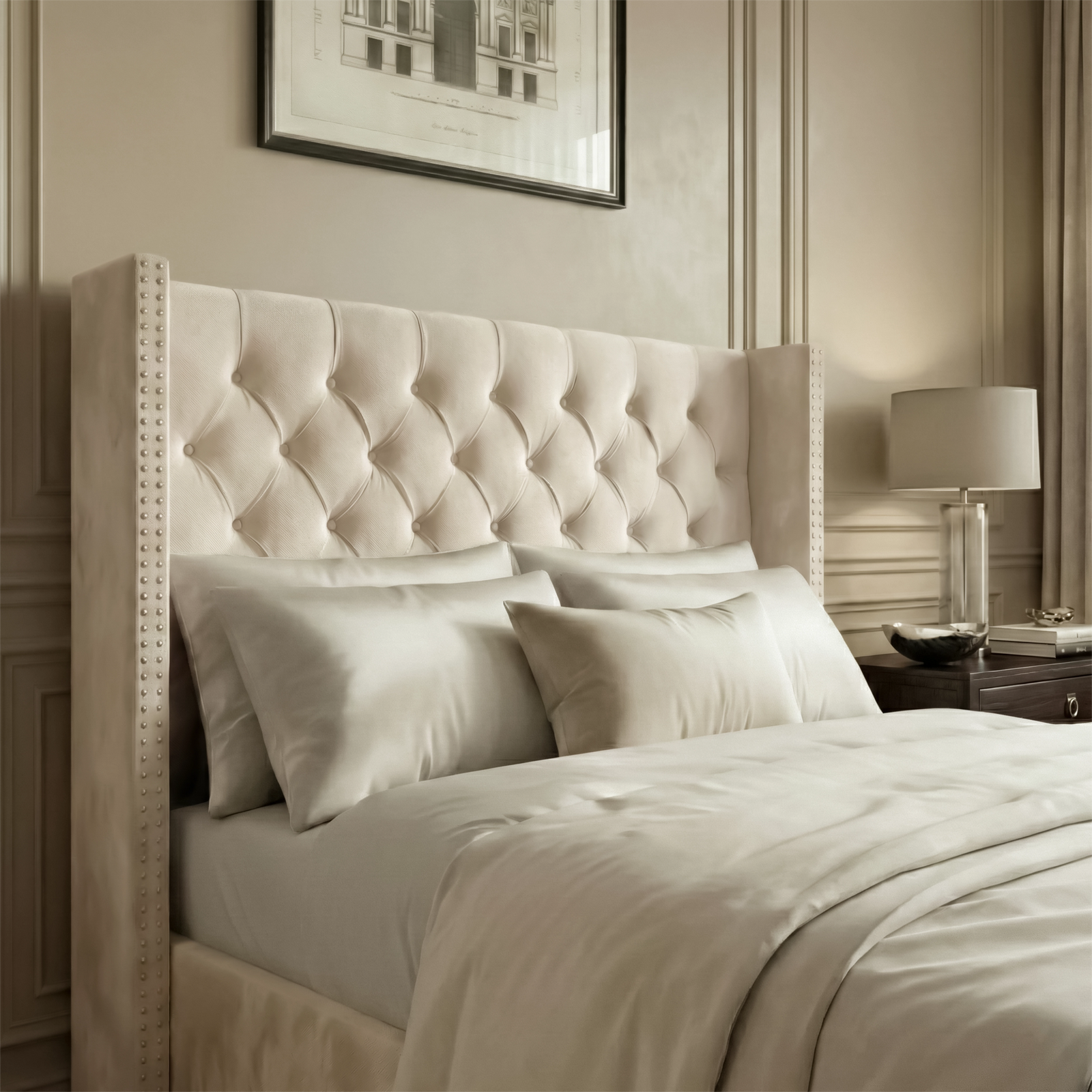 [Small Double | Beige] Close-up of Cross ottoman bed headboard with diamond buttoning and nailhead-studded wings