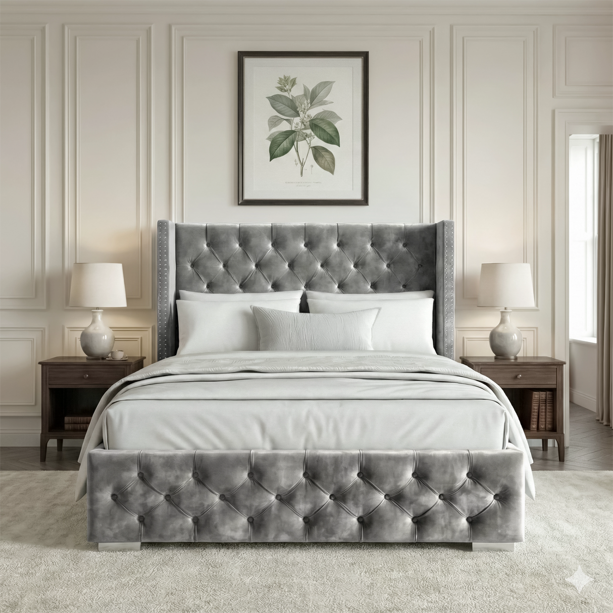[Small Double | Grey] Front view of cross ottoman bed with winged headboard flanked by matching bedside tables
