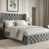 [Small Double | Grey] Cross velvet ottoman bed with winged tufted headboard and diamond-buttoned base in botanical bedroom