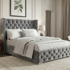 [Small Double | Grey] Side angle of Cross ottoman bed, studded wingback with tufted panels and matching footboard