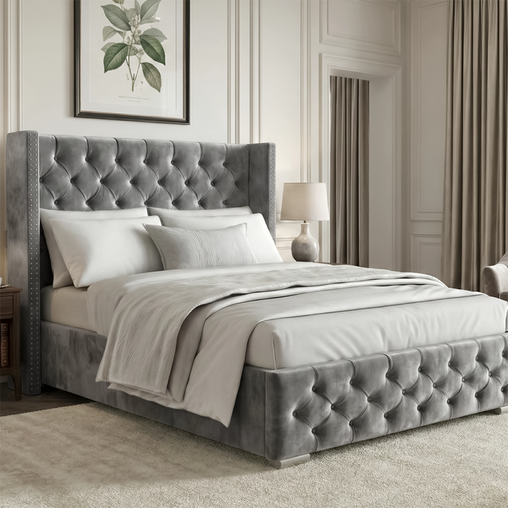 [Small Double | Grey] Side angle of Cross ottoman bed, studded wingback with tufted panels and matching footboard