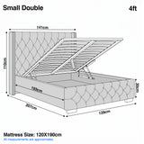 [Small Double | Grey] Cross ottoman bed 4ft: 141cm wide with wings, 207cm long, 110cm headboard, 30cm deep base	