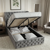 [Small Double | Grey] Side view of raised ottoman base displaying stored bedding and pillows in lined interior