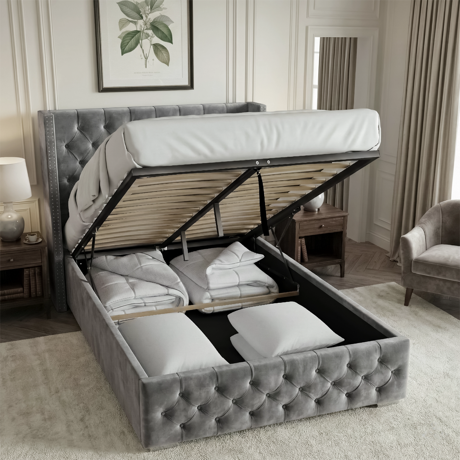 [Small Double | Grey] Cross ottoman bed lifted from foot end on gas struts, bedding and pillows stored inside velvet cavity
