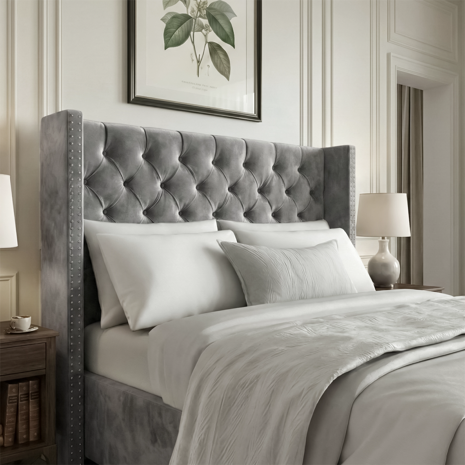 [Small Double | Grey] Cross ottoman bed headboard detail, nailhead trim lining the velvet wings around button-tufted centre