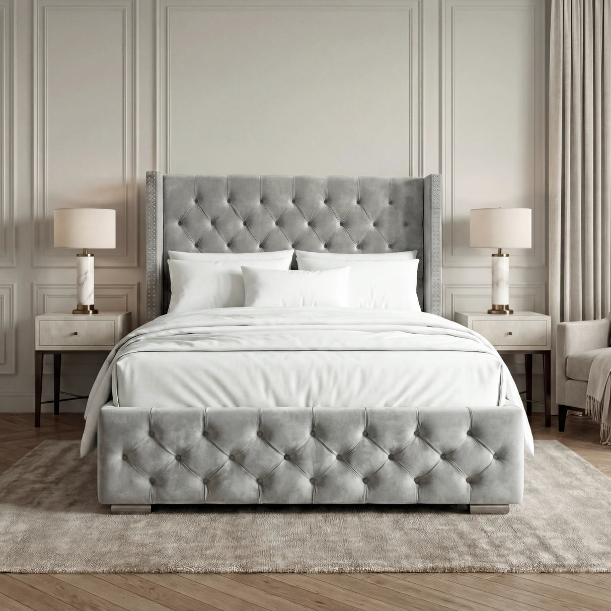 [Small Double | Light Grey] Full front elevation of velvet storage bed with nailhead-trimmed wings in light panelled room