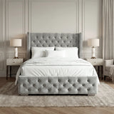 [Small Double | Light Grey] Full front elevation of velvet storage bed with nailhead-trimmed wings in light panelled room