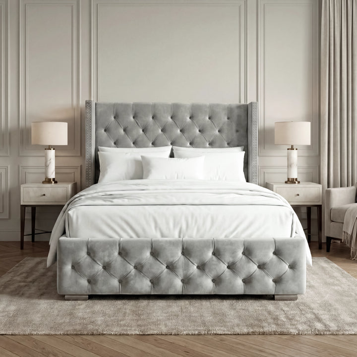 [Small Double | Light Grey] Cross ottoman bed head-on, wing headboard framed by deep-buttoned velvet footboard