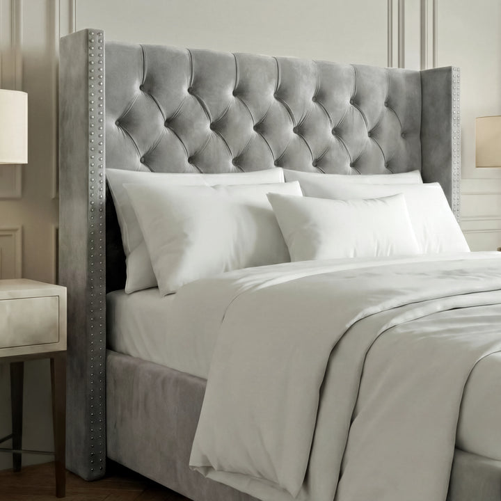 [Small Double | Light Grey] Cross ottoman bed small double, chesterfield headboard tufting and nailhead wing close view	
