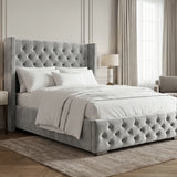 [Small Double | Light Grey] Cross velvet ottoman bed with winged tufted headboard and diamond-buttoned base in modern bedroom