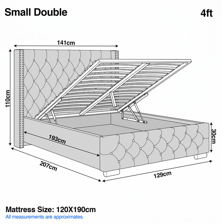 [Small Double | Light Grey] Cross ottoman bed small double dimensions 141cm wide 207cm long 110cm tall, 4ft
